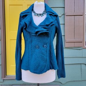 Carole Little Teal Felted Wool Ruffle Collar Knit Jacket Cardigan
